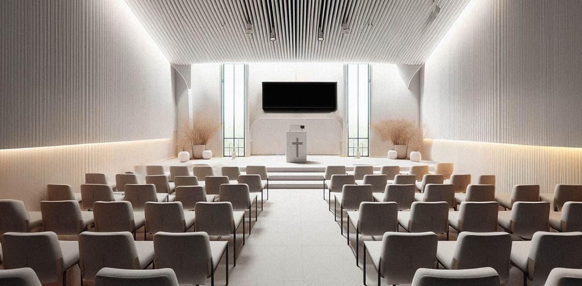 Modern church interior with rows of gray chairs